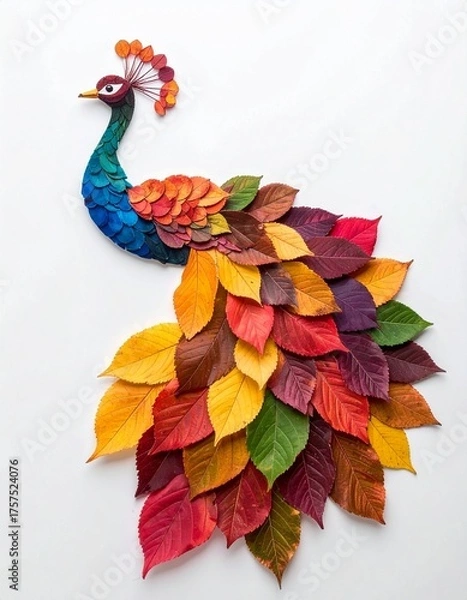 Fototapeta A peacock artfully constructed using colorful autumn leaves. The peacock's body and tail are meticulously crafted with leaves arranged to mimic the bird's form and vibrant plumage.