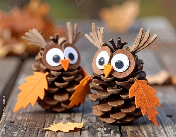 Fototapeta Two handmade owl crafts made from pinecones, with felt details for the eyes, beaks, and wings. They are sitting on a wooden surface with some fall leaves scattered around.