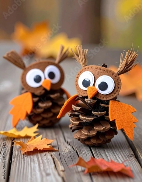 Fototapeta Two handmade owl figurines crafted from pine cones and felt. They are decorated with googly eyes and orange felt wings, and are set on a wooden surface with autumn leaves.