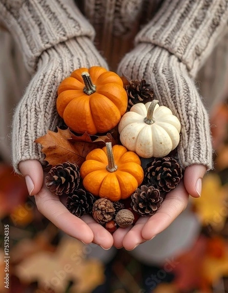 Fototapeta A person is holding a collection of miniature pumpkins, pinecones, and fall leaves in their hands. The person is wearing a knitted sweater, and the background is a blur of autumnal colors.