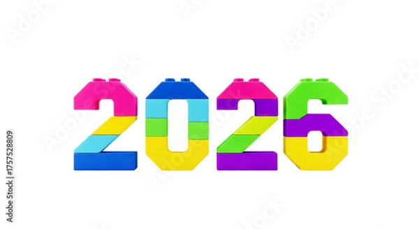 Fototapeta Colorful building blocks forming the year 2026, isolated on transparent background