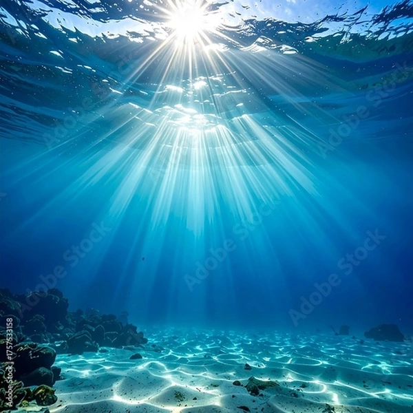 Fototapeta Bright sunbeams filter through ocean surface, illuminating the sandy seabed