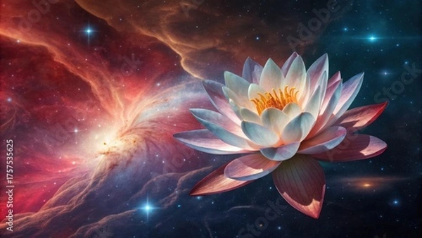 Fototapeta A serene lotus flower blooms against a backdrop of cosmic nebula and stars