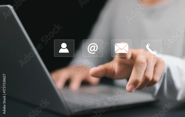 Fototapeta Contact us concept. Online customer service. Person using smartphone with contact us icon or Customer support hotline people connect.