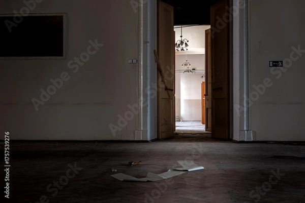 Obraz  A beautiful hall in a huge abandoned palace. The interiors of an abandoned 18th-century palace. Beautiful architecture. 