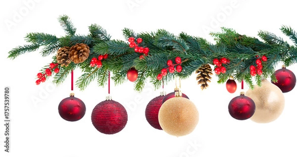 Fototapeta decorative balls on fir tree, Christmas garland isolated on transparent background