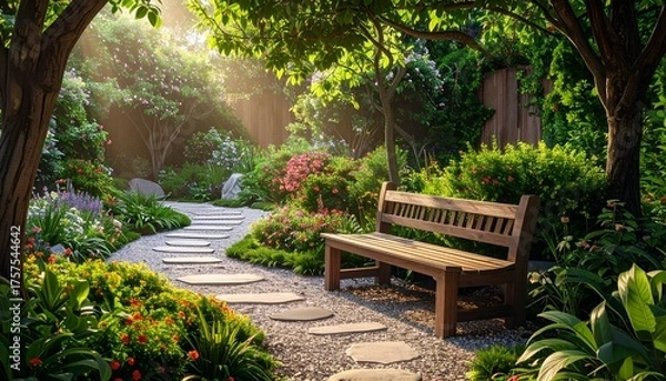 Obraz Serene garden path with a wooden bench surrounded by vibrant flowers and lush greenery in soft sunlight