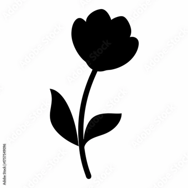 Obraz Elegant Black Silhouette of a Single Flower with Stem and Leaves Isolated
