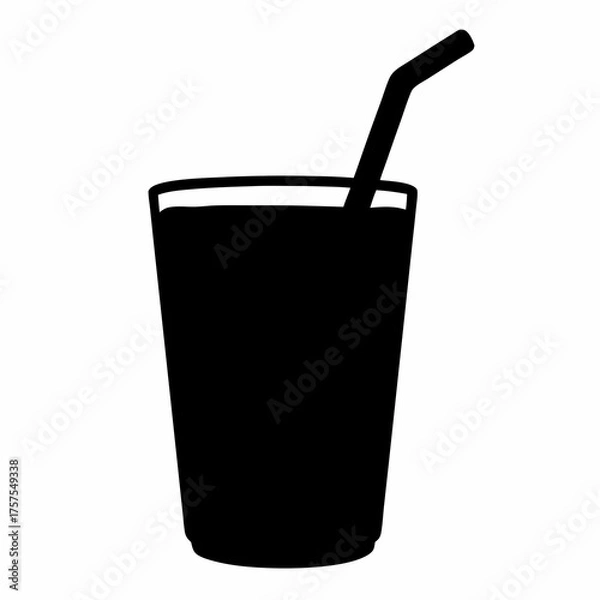 Obraz Black silhouette of a refreshing drink with straw on white background