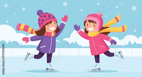 Fototapeta Two happy girls ice skating together on a cold winter day with snowflakes falling around them.
