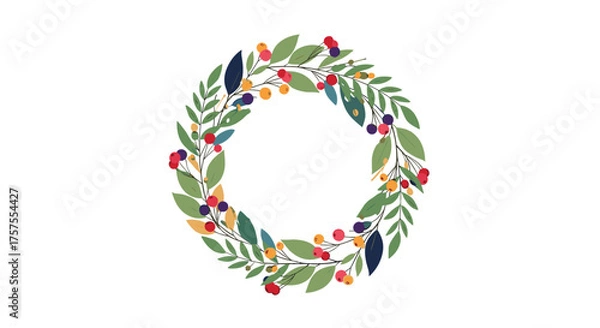 Obraz A beautiful round floral wreath composed of green leaves and colorful berries creating a festive seasonal decoration.