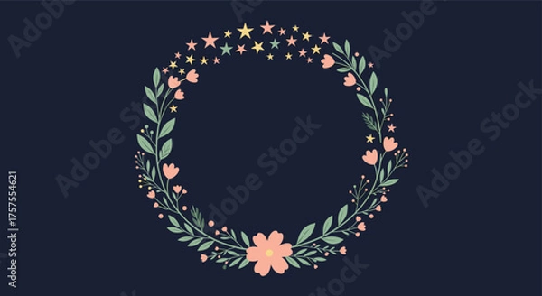 Obraz A delicate floral wreath with small blossoms and star accents on a deep navy background.