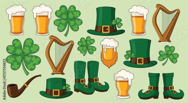Obraz A collection of st patricks day symbols including shamrocks hats boots pipes and beer.