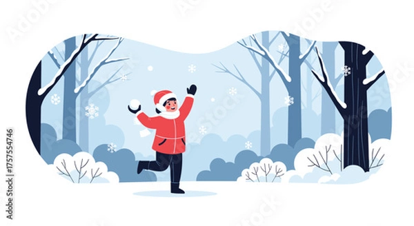 Obraz A cheerful child in a red coat throws snowballs in a snow-covered forest with bare trees and bushes.