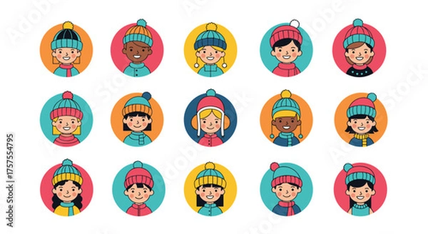 Obraz A diverse collection of cartoon children wearing colorful winter hats. Some children are smiling warmly.
