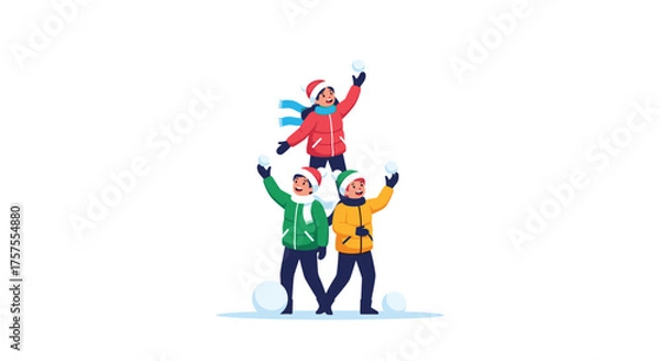 Obraz Children happily throwing snowballs forming a pyramid shape on a snowy day.