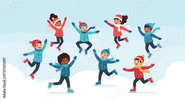 Obraz Children happily ice skating in a winter wonderland celebrating the cold season.
