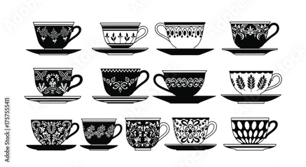 Obraz A collection of vintage teacups and saucers featuring elegant decorative patterns in black and white.