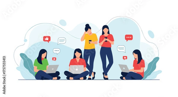 Obraz Young people are interacting with their devices and social media.