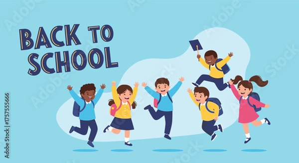 Obraz Excited children in backpacks joyfully jumping in the air for back to school celebration.