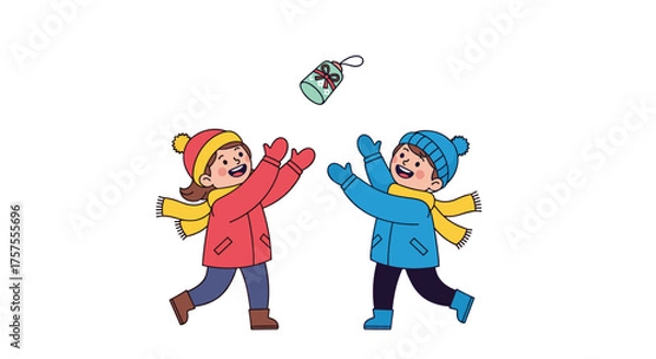 Obraz Two happy children in winter clothing are playing a snowball game together outside.