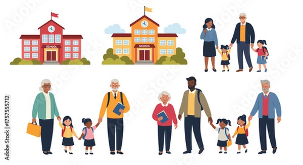 Obraz Diverse families escorting children to school building entrances for education and learning.