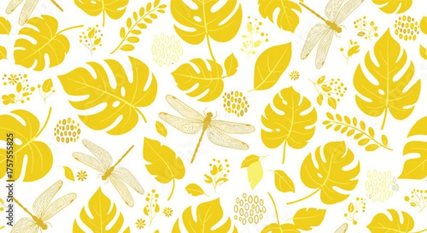 Obraz A vibrant yellow pattern featuring tropical monstera leaves and delicate dragonflies on a white textured background.