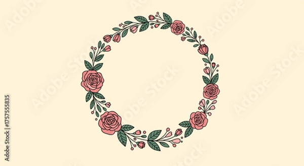 Obraz A delicate circular floral arrangement of pink roses and green leaves on a soft beige background.