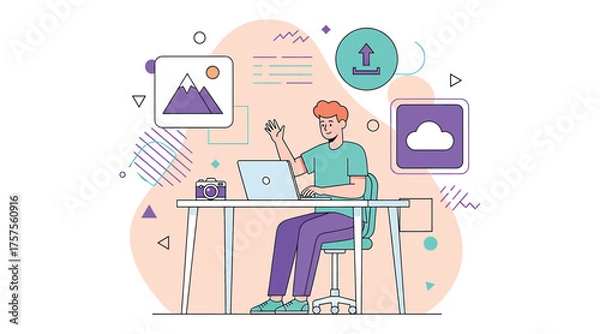 Fototapeta Vector art of young man working on laptop at desk with picture, upload and cloud icons freelancer working from home, online education, remote job, elearning concept