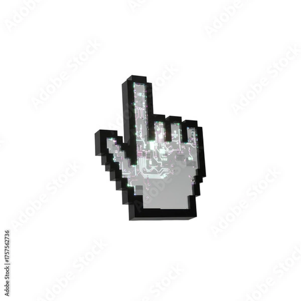 Obraz Extreme close-up of a highly detailed, pixelated hand cursor with luminous circuitry, its fingertip compressed, casting shadows on a transparent background, concept of digital energy
