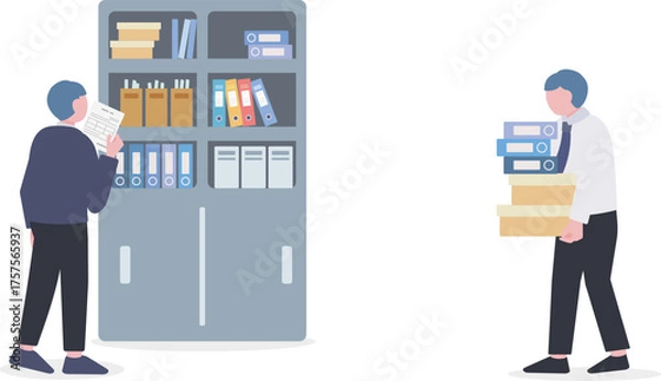 Fototapeta キャビネットに資料をしまう人と書類を運ぶ人