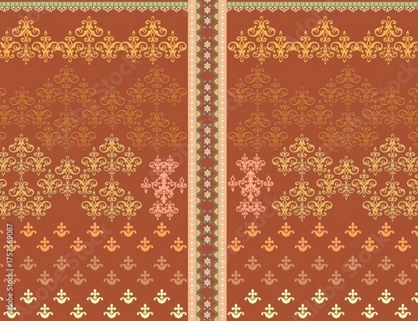 Fototapeta Symmetrical Ornamental Textile Pattern with Floral Scrolls and Fleur-de-Lis Motifs on Reddish-Brown Background