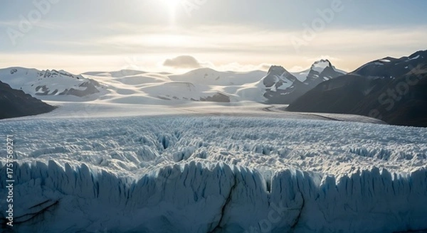 Obraz Panoramic view of a massive glacier with rugged mountains under a bright sky.
