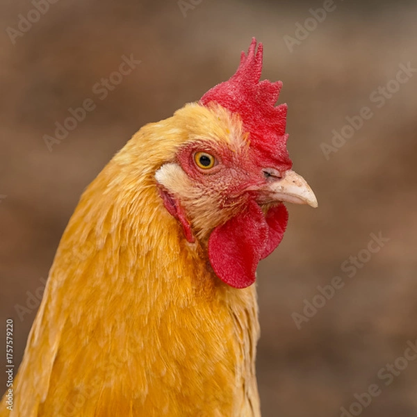 Fototapeta This photograph captures a striking close-up portrait of a rooster with vivid orange and red plumage. The bird’s sharp eye, detailed feathers, and textured comb are highlighted.