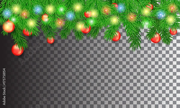 Fototapeta Christmas tree branches with colorful luminous garlands and red Christmas balls on a transparent background