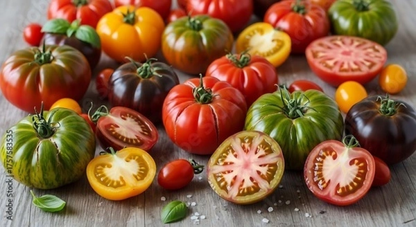 Obraz A vibrant assortment of heirloom tomatoes in various colors and sizes some whole and some sliced artfully arranged on a rustic wooden surface