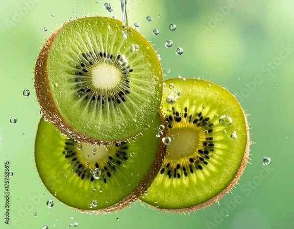 Fototapeta Sliced kiwi fruit bathed in refreshing water droplets, showcasing vibrant green interior with blurred green bokeh background