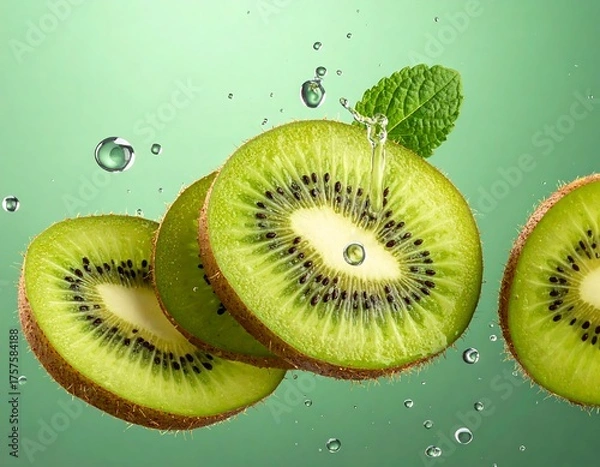 Fototapeta Sliced kiwi fruit with droplets of water and a green leaf. The background is a soft green gradient
