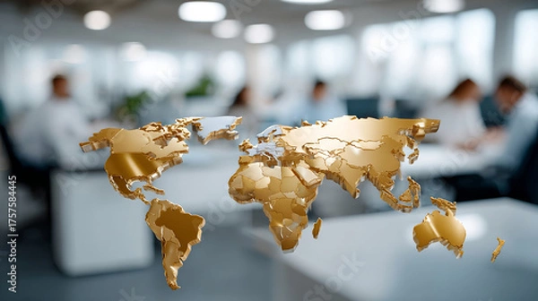 Obraz Golden world map floating over blurred office background with people working, symbolizing global business and leadership concept