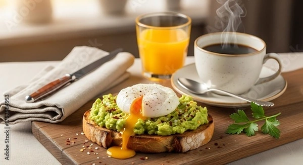 Obraz Delicious and healthy breakfast featuring avocado toast topped with a perfectly poached egg and a steaming cup of coffee and fresh orange juice