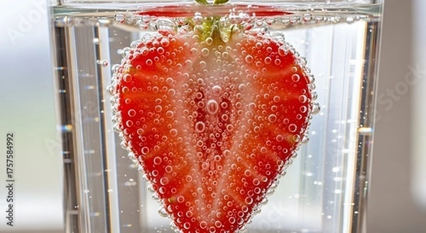 Obraz Close up of a fresh strawberry half submerged in a clear glass of sparkling water with many tiny bubbles rising around it