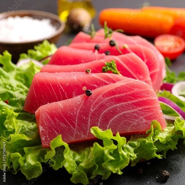 Fototapeta Sliced raw, reddish fish fillets atop lettuce, with garnishes of herbs, onions, tomatoes, carrots, pepper, and salt. Fresh, culinary preparation