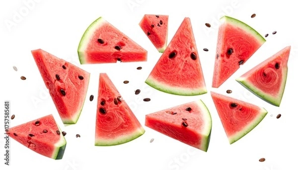 Fototapeta Sliced watermelon pieces and seeds floating against a white background, showcasing the vibrant red flesh and black seeds
