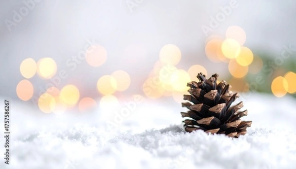 Fototapeta Pinecone on snow against blurred, warm-toned bokeh lights. Festive seasonal winter atmosphere with soft focus