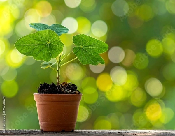 Fototapeta Small potted plant with vibrant green leaves set against a softly blurred, sunlit background of foliage