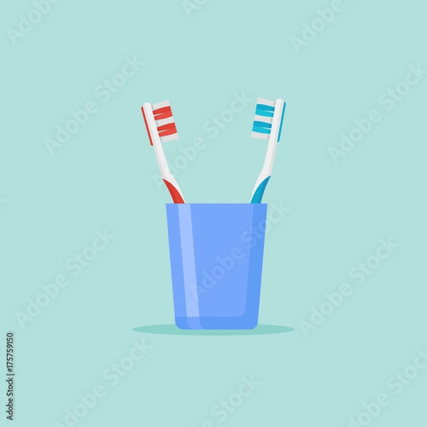 Obraz Toothbrushes in glass isolated on background. Flat style vector illustration.