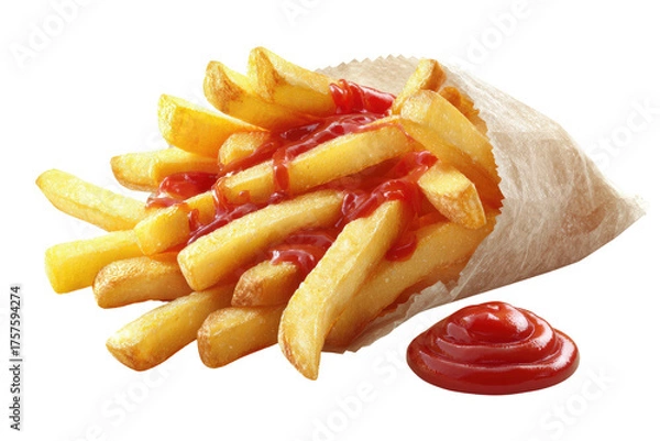 Obraz Crispy golden french fries in a paper cone with ketchup (1)