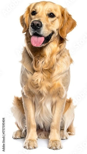 Fototapeta Smiling Golden Retriever poses, facing forward, on a clean white background. Its tongue is visible, eyes engaged