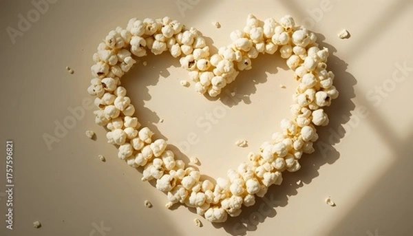 Fototapeta Popcorn forming heart shape on beige surface.