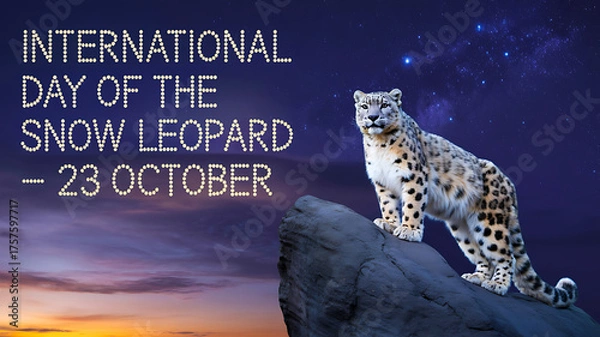 Obraz Snow leopard standing on mountain rock under starry sky for international day of the snow leopard wildlife conservation  
